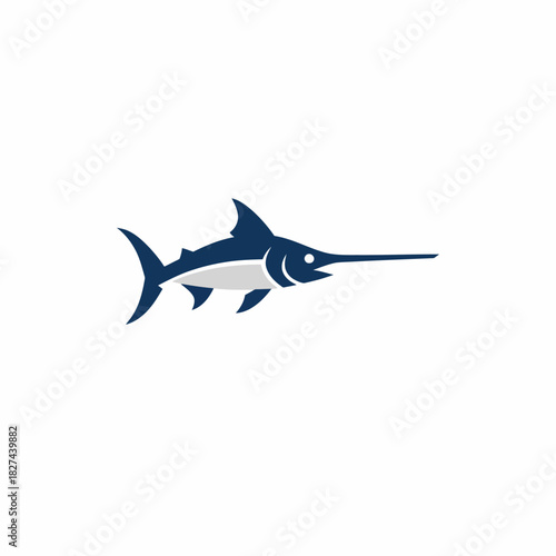 A simple blue and grey swordfish icon swimming, isolated on a white background.