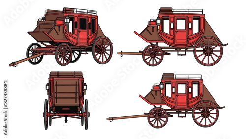 Vintage horse-drawn stagecoach depicted from multiple angles for historical context