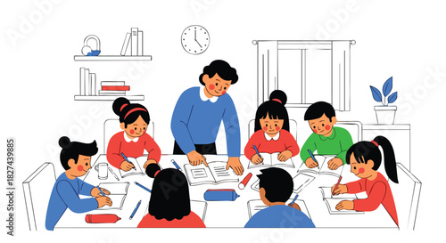 Teacher Guiding a Group of Diverse Elementary School Students While Studying and Writing Homework Together