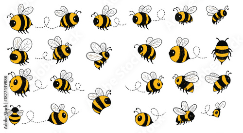 Adorable collection of hand-drawn flying bees in a cute doodle style, with dotted flight paths for charming nature designs.