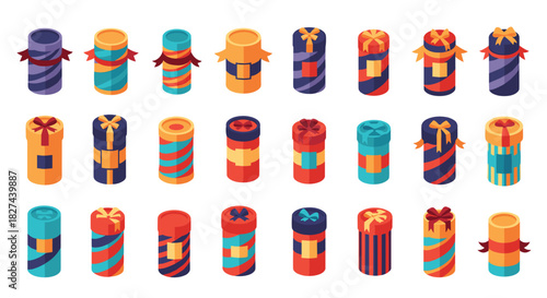 Isometric collection of colorful cylindrical gift boxes with various patterns and ribbons for holiday and birthday presents.