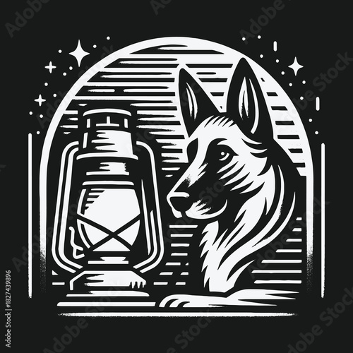 Loyal German Shepherd Dog Beside a Vintage Lantern Illustration.