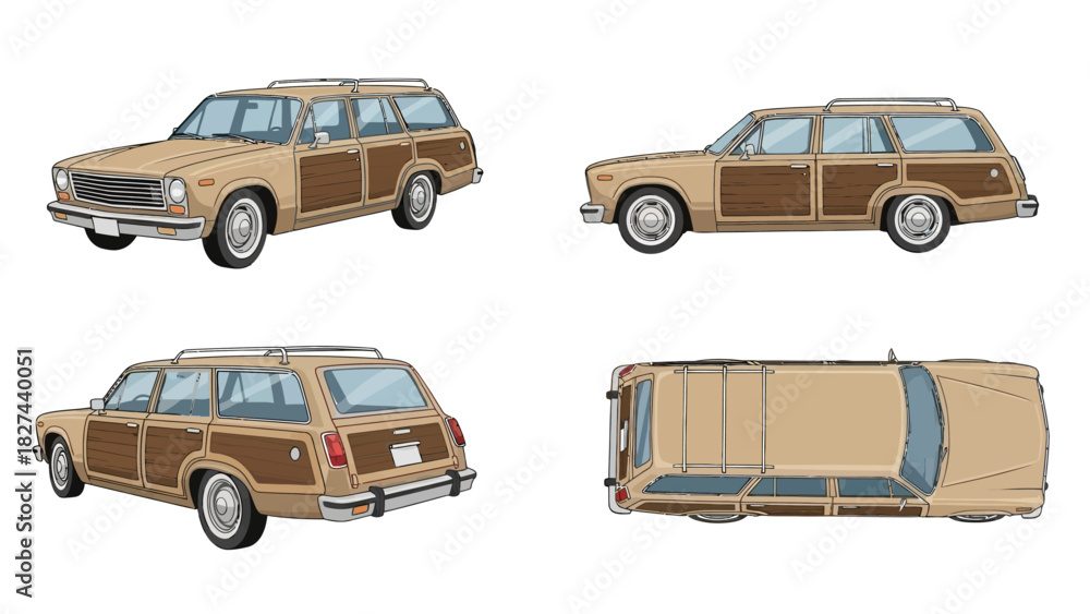 Obraz premium Vintage Station Wagon Car Views Front, Side, Rear, and Top
