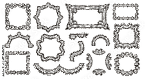 Set of intricate vintage lace frames, borders, and decorative elements in a detailed, hand-drawn black and white ink style.