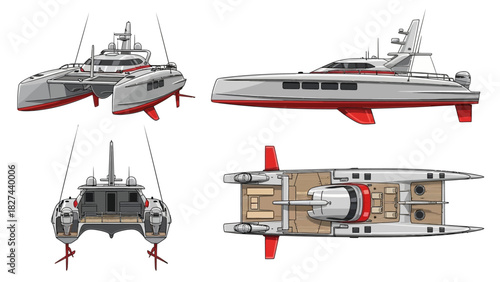 Detailed Blueprint Illustrations of a Modern Luxury Catamaran Yacht