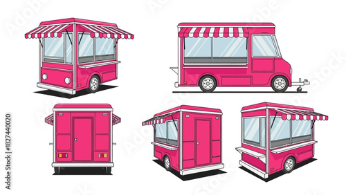 Diverse Pink Food Truck Views A Versatile Mobile Vendor Illustration