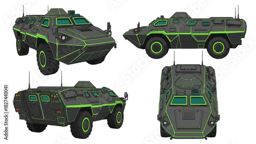 Military APC Vehicle Design Concept With Green Accents on a White Background