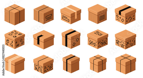 Isometric set of cardboard boxes for shipping and delivery, including sealed, open, and stacked parcel designs for logistics.