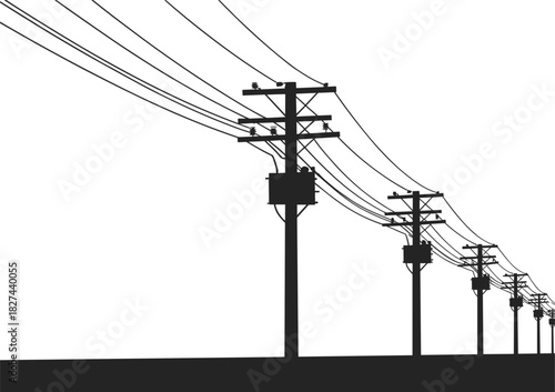 Black silhouette of utility poles with transformers and wires against white power lines electricity