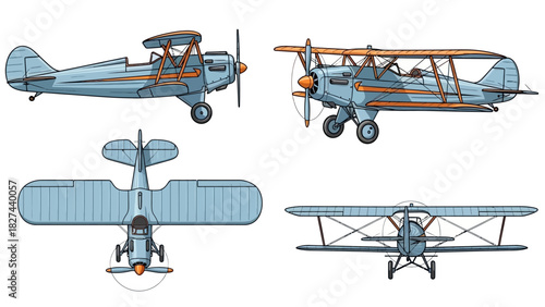 Vintage Biplane Aircraft from Multiple Perspectives Front, Side, Top, and Rear Views