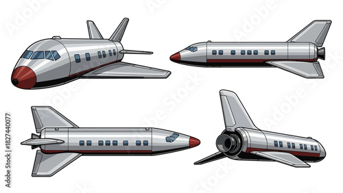 Various views of a futuristic shuttle craft, showcasing its sleek design and advanced engineering