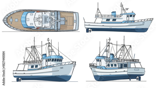 Detailed illustrations of a fishing trawler from multiple angles showing design and functionality