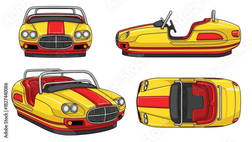 Yellow and red bumper cars shown from multiple angles for amusement park fun