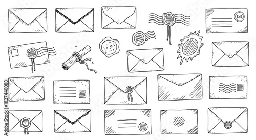 Vintage collection of hand-drawn envelopes, letters, and wax seals in a detailed sketch style for mail and correspondence.