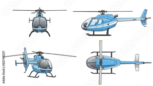 Blue helicopter viewed from multiple angles, front, side, and aerial perspectives