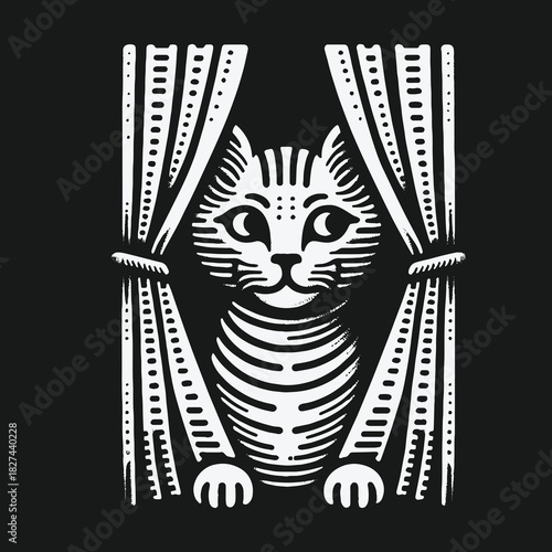 Vintage woodcut style illustration of a curious cat at the window.