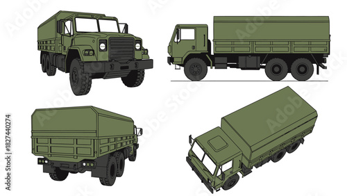 Military transport truck in four different views, illustrated in a flat design style