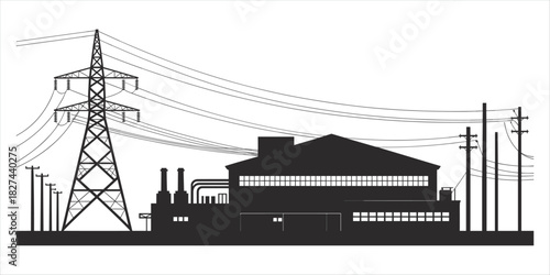 Black silhouette of industrial factory with power lines and transmission tower electricity 1