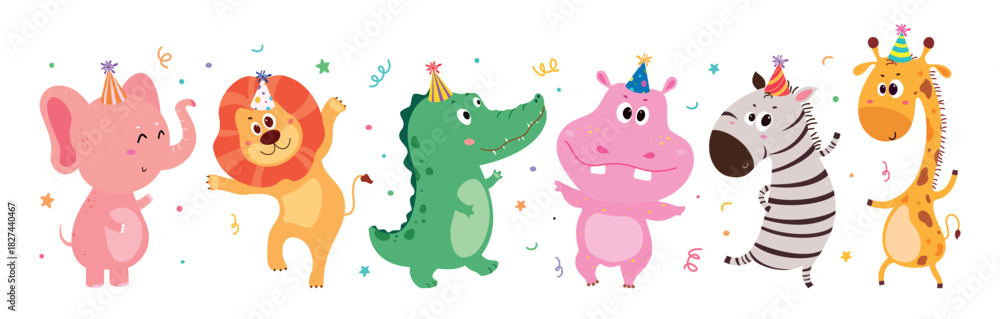 Fototapeta premium Cute cartoon animals including elephant, lion, crocodile, hippo, zebra, and giraffe celebrating a birthday with hats and confetti. Perfect for kids party themes, invitations, or decor.