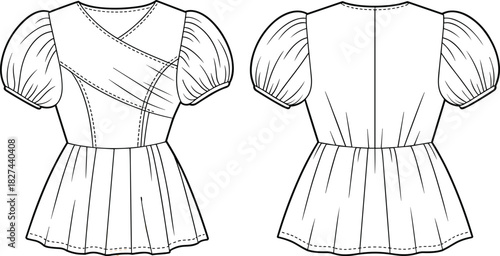cad drawing flat vector illustration, puff sleeve wrap blouse, peplum hem design, fashion sketch, garment template, apparel construction
