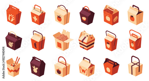 Isometric set of noodle and fast food takeout boxes, including open containers with chopsticks, for restaurant and delivery service.