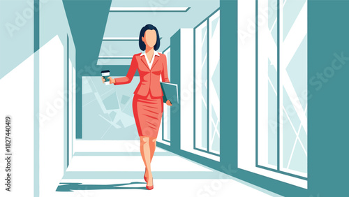Stylish professional woman walking through office hall holding coffee and documents. Ideal for business lifestyle, mobility, and modern workplace scenes