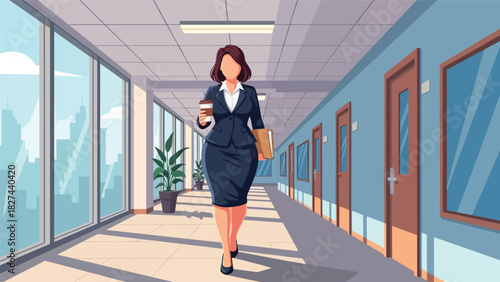 Stylish professional woman walking through office hall holding coffee and documents. Ideal for business lifestyle, mobility, and modern workplace scenes