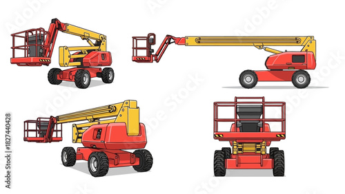 Various types of boom lifts and aerial work platforms from different angles for construction and industrial use