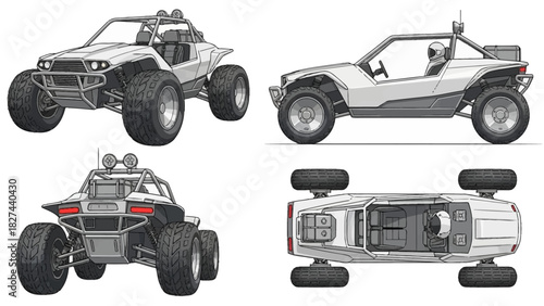 Off-road buggy vehicle technical drawing with front, side, and top views