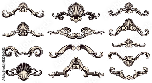 Ornate set of vintage baroque dividers and ornaments with shell motifs in a detailed black and white engraving art style.
