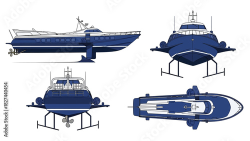 Blueprint Illustration of a Futuristic Hydrofoil Boat Design from Multiple Angles