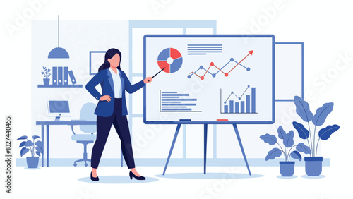 Businesswoman leading a presentation with charts on a whiteboard. Ideal for leadership, teamwork, training visuals, and corporate education content