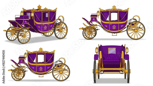 Elegant purple carriage with golden details, designed for royal or ceremonial occasions