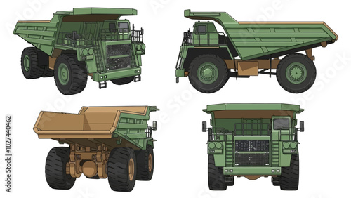 Set of illustrations of a heavy-duty dump truck viewed from multiple angles for industrial design and heavy machinery