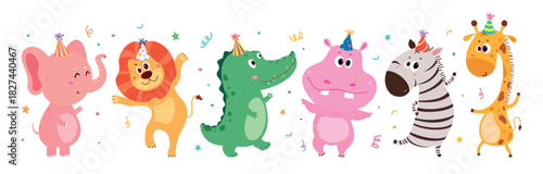 Cute cartoon animals including elephant, lion, crocodile, hippo, zebra, and giraffe celebrating a birthday with hats and confetti. Perfect for kids party themes, invitations, or decor.
