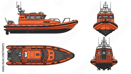 Detailed Technical Drawings of an Orange Rescue Boat from Multiple Perspectives