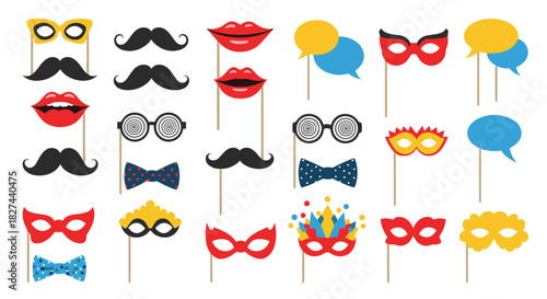 Fun set of photo booth props on sticks, including mustaches, lips, glasses, and masks for parties and celebrations vector.