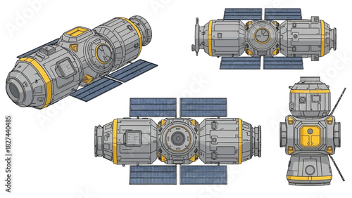 Space station modules in different perspectives and configurations with solar panels