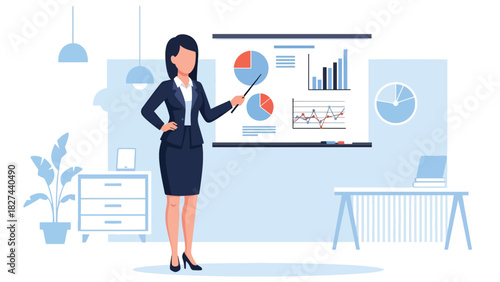 Businesswoman leading a presentation with charts on a whiteboard. Ideal for leadership, teamwork, training visuals, and corporate education content