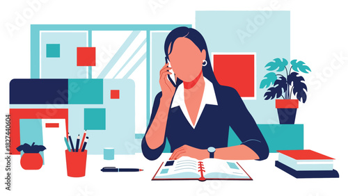 Professional woman speaking on phone while working in the office. Ideal for communication, multitasking, customer service, and modern business workflow designs