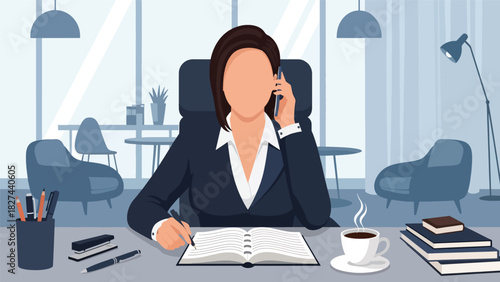 Professional woman speaking on phone while working in the office. Ideal for communication, multitasking, customer service, and modern business workflow designs