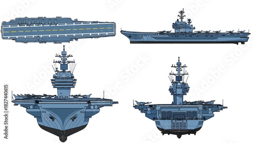 Detailed Blueprint Illustrations of a Modern Aircraft Carrier