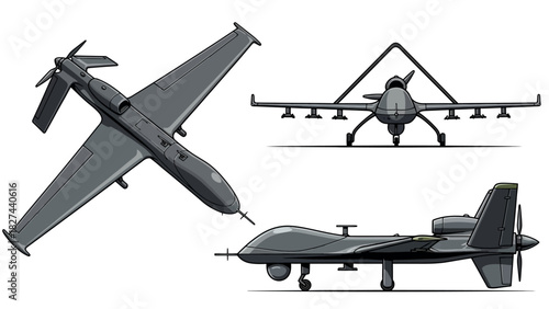 Military drone aircraft depicted from multiple angles, showcasing its advanced design and functionality