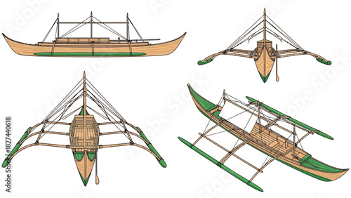 Traditional Outrigger Canoe A Multi-Angle Illustration of Polynesian Watercraft Design