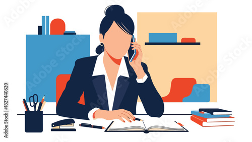 Professional woman speaking on phone while working in the office. Ideal for communication, multitasking, customer service, and modern business workflow designs