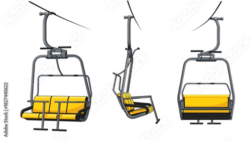 Three views of a modern ski lift chair with yellow seats, showcasing its design and mechanics for mountain transportation