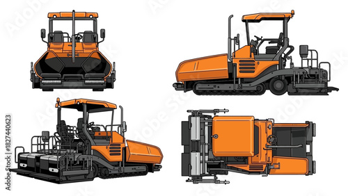 Construction machine asphalt paver, road building equipment from multiple angles, industrial machinery schematic