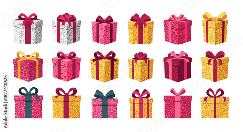 Sparkling collection of glittery gift boxes in pink, gold, and silver, perfect for glamorous holiday and birthday celebrations.