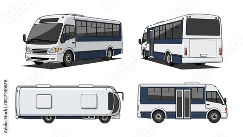 Multiple Views of a White and Blue Passenger Bus for Transportation Services