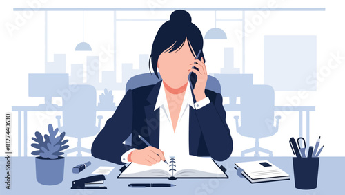 Professional woman speaking on phone while working in the office. Ideal for communication, multitasking, customer service, and modern business workflow designs